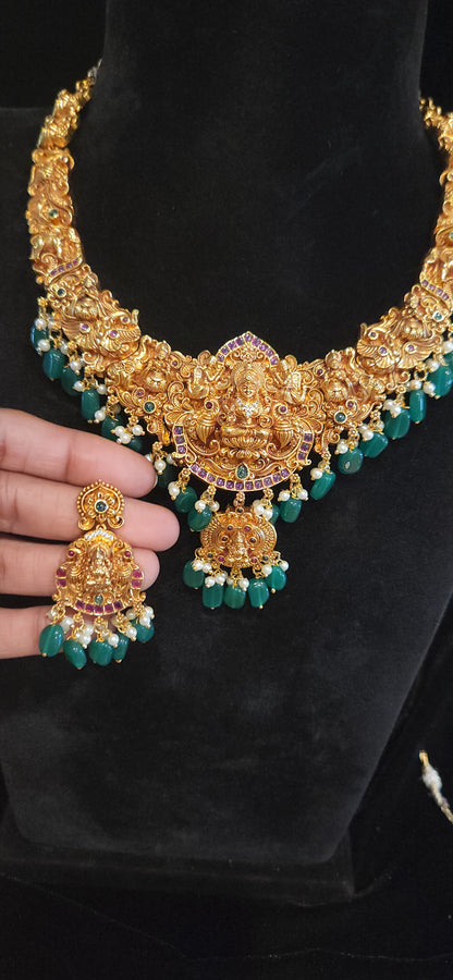 Premium Antique Finish Lakshmi Temple Bridal Necklace Set