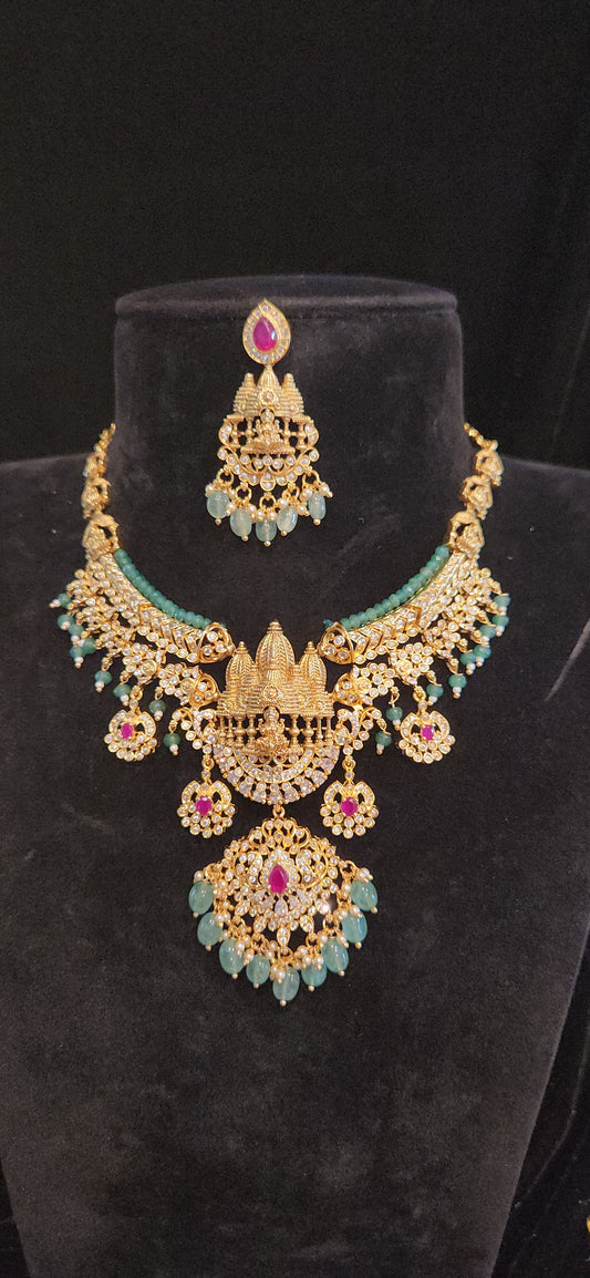 Premium Temple CZ Lakshmi Necklace Set with Emerald Green Beads