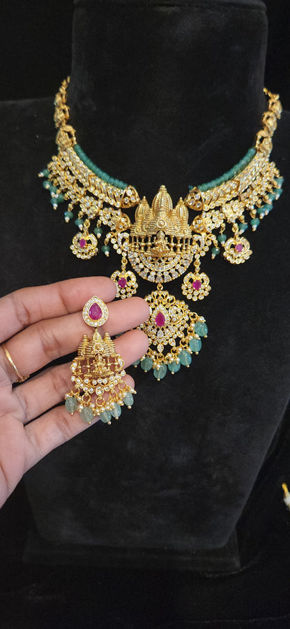 Premium Temple CZ Lakshmi Necklace Set with Emerald Green Beads