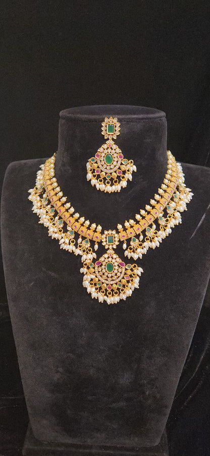 Premium Antique Gold Finish Kemp & CZ Pearl Choker Necklace Set