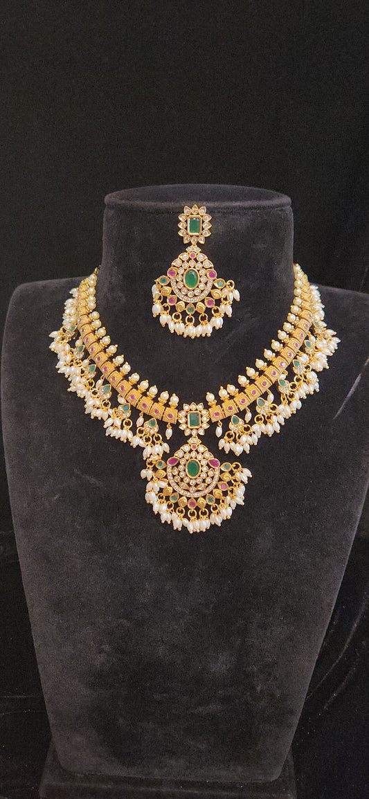 Premium Antique Gold Finish Kemp & CZ Pearl Choker Necklace Set