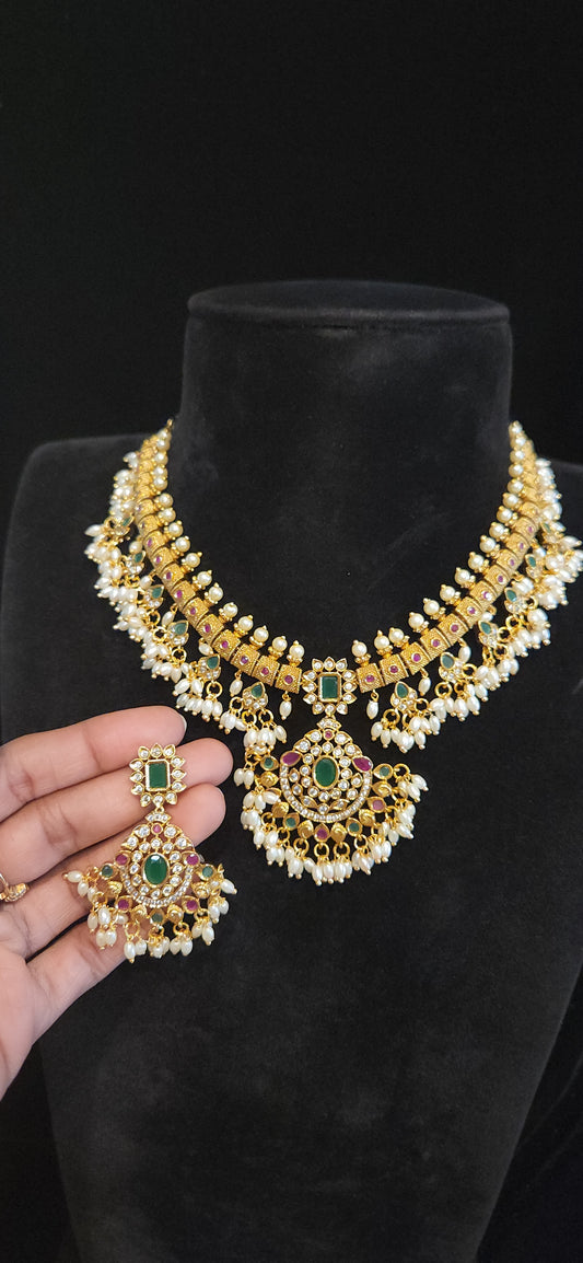 Premium Antique Gold Finish Kemp & CZ Pearl Choker Necklace Set