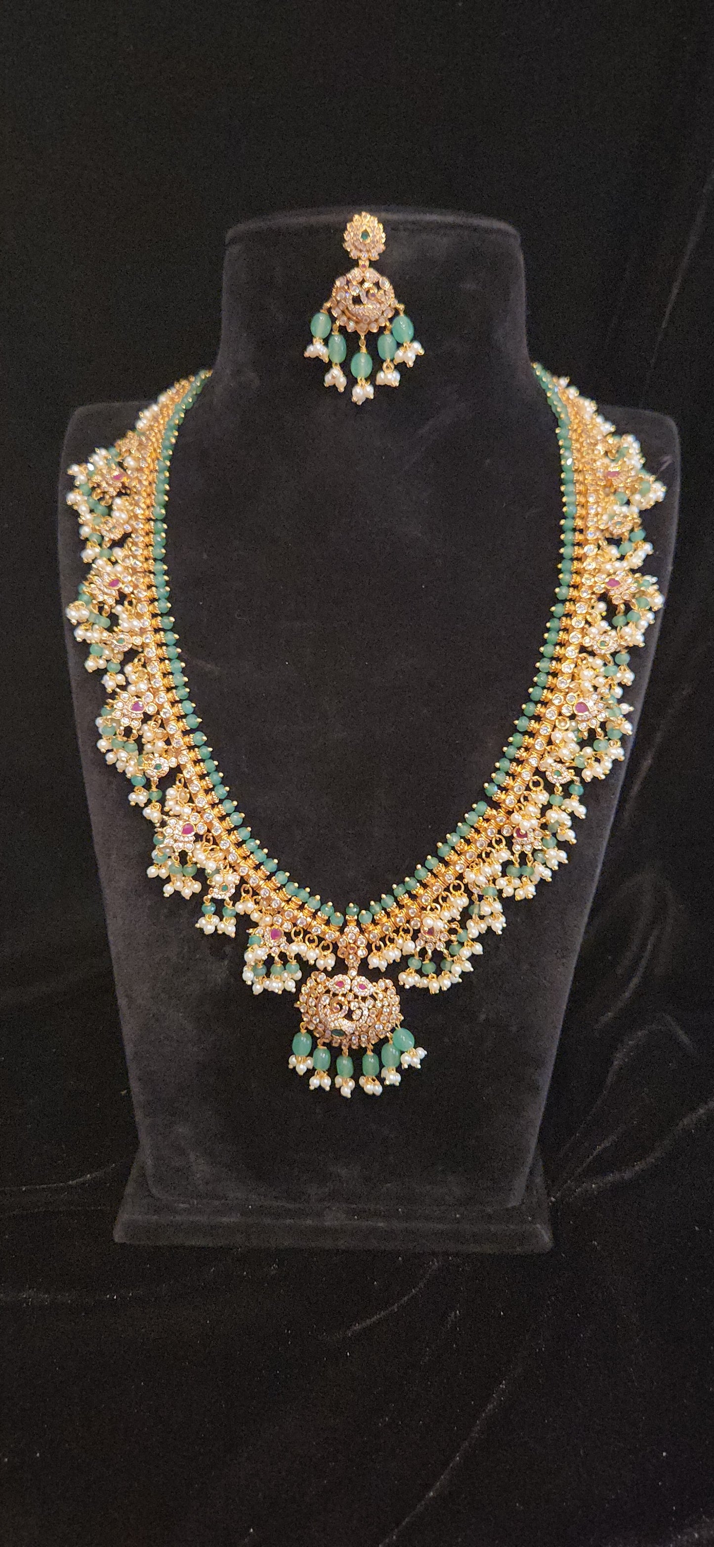 Premium Matt Finish CZ Long Guttapusalu Haram Set with Emerald Green Beads, Pearls