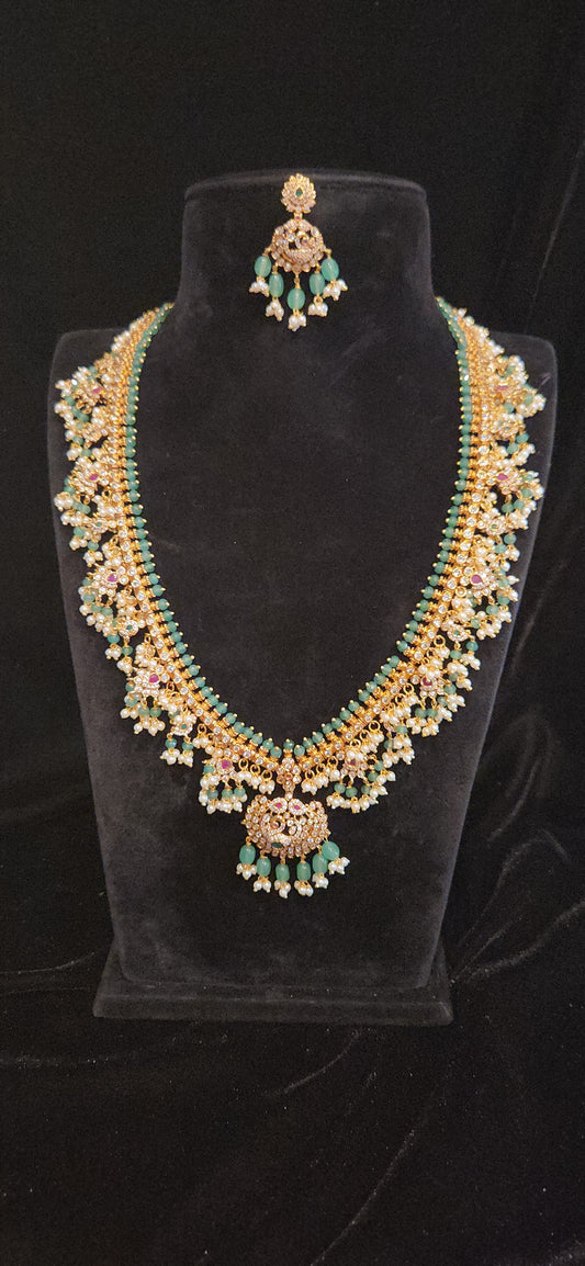 Premium Matt Finish CZ Long Guttapusalu Haram Set with Emerald Green Beads, Pearls