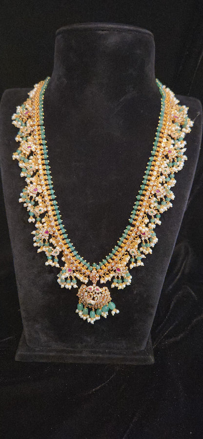 Premium Matt Finish CZ Long Guttapusalu Haram Set with Emerald Green Beads, Pearls