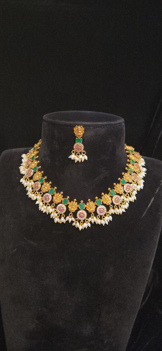Premium Matt Finish Lakshmi Floral Necklace Set