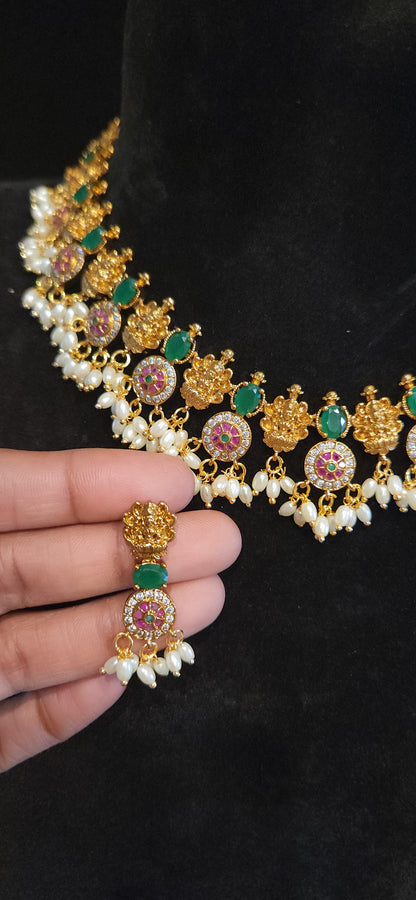 Premium Matt Finish Lakshmi Floral Necklace Set