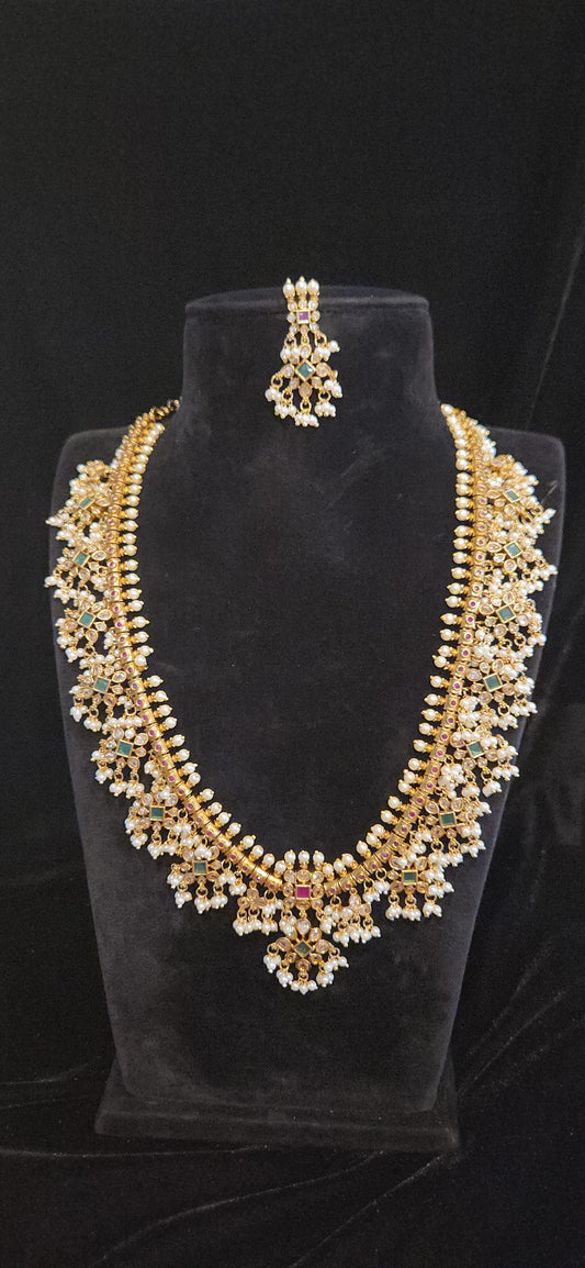 Premium Antique Matt Finish CZ Guttapusalu Long Haram Set