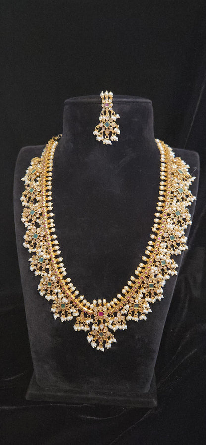 Premium Antique Matt Finish CZ Guttapusalu Long Haram Set