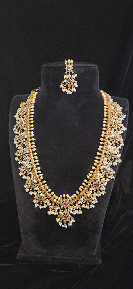 Premium Antique Matt Finish CZ Guttapusalu Long Haram Set