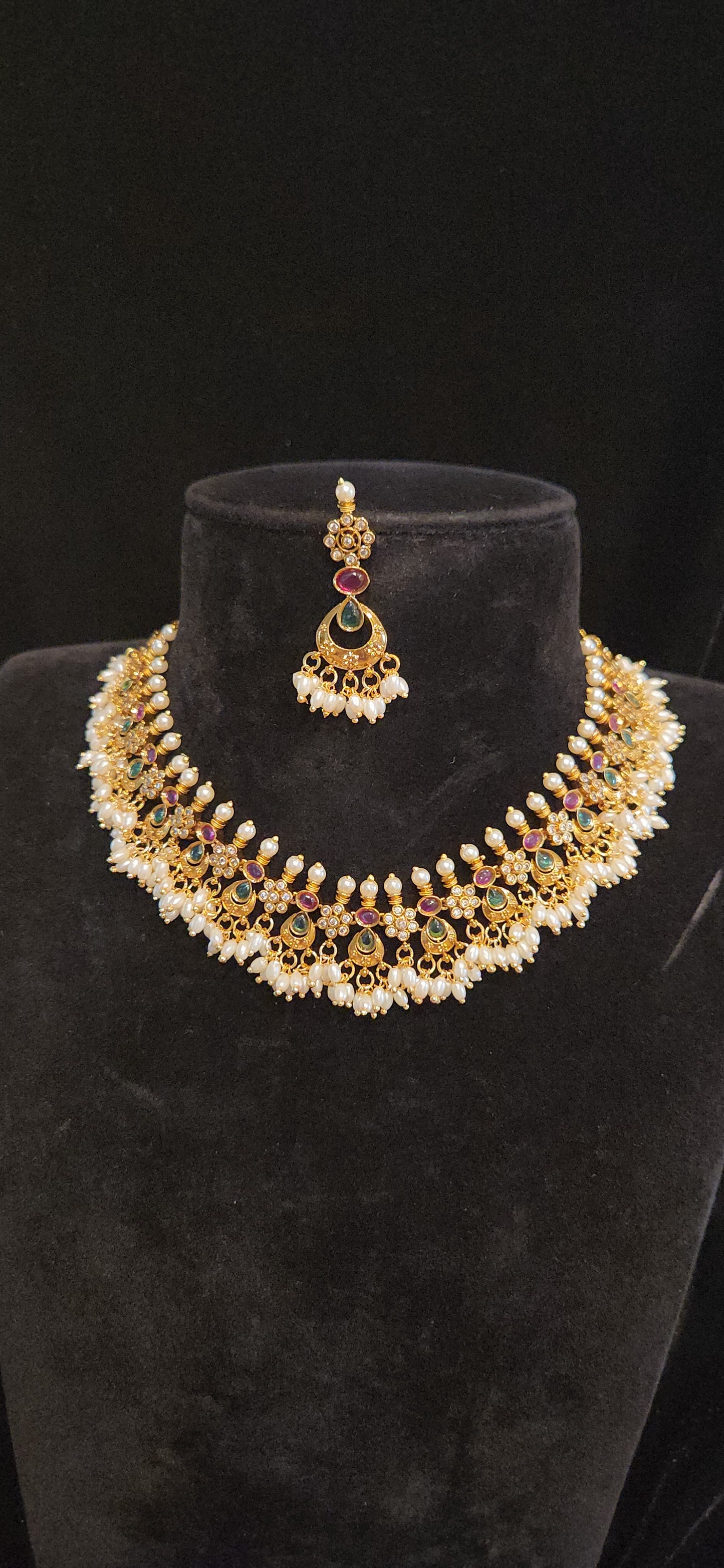 Premium Matt Finish Guttapusalu Necklace Set with kemp Stones