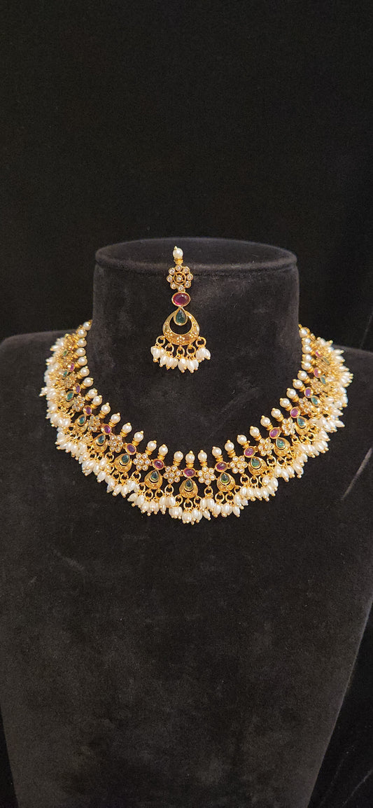 Premium Matt Finish Guttapusalu Necklace Set with kemp Stones