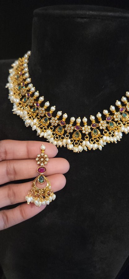 Premium Matt Finish Guttapusalu Necklace Set with kemp Stones