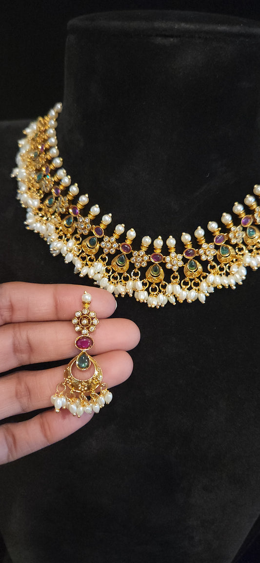 Premium Matt Finish Guttapusalu Necklace Set with kemp Stones