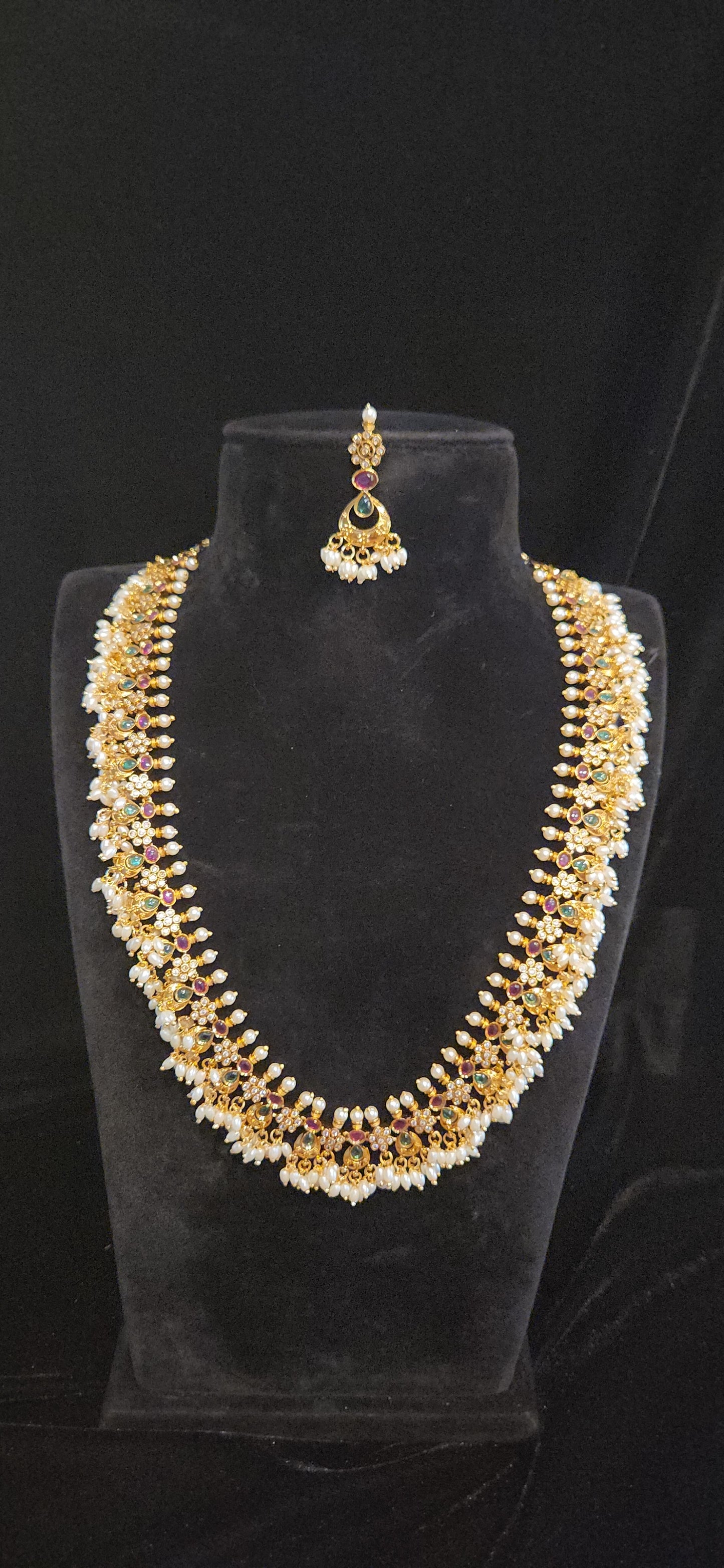 Premium Matt Gold Finish Kemp & CZ Long Guttapusalu Haram Set