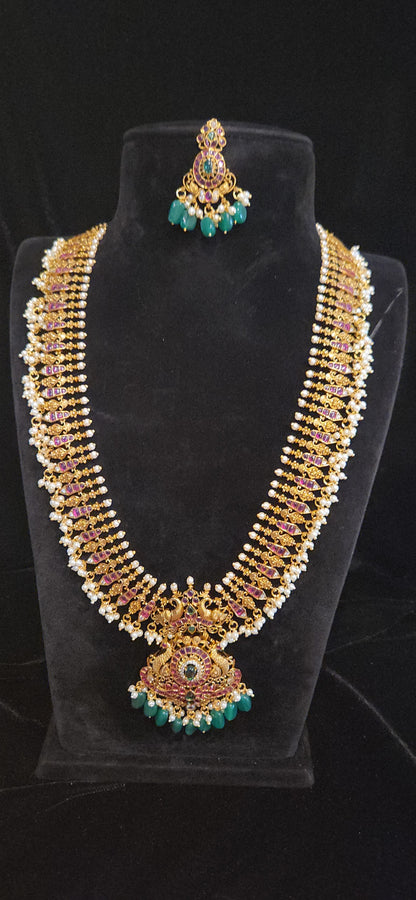 Premium Antique Matt Finish Temple Long Haram with Ruby Kemp Stones