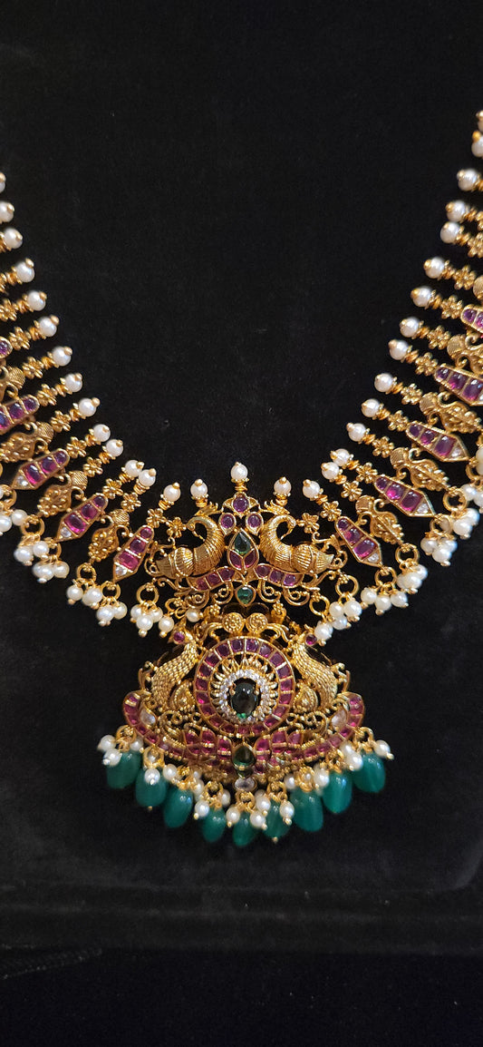 Premium Antique Matt Finish Temple Long Haram with Ruby Kemp Stones