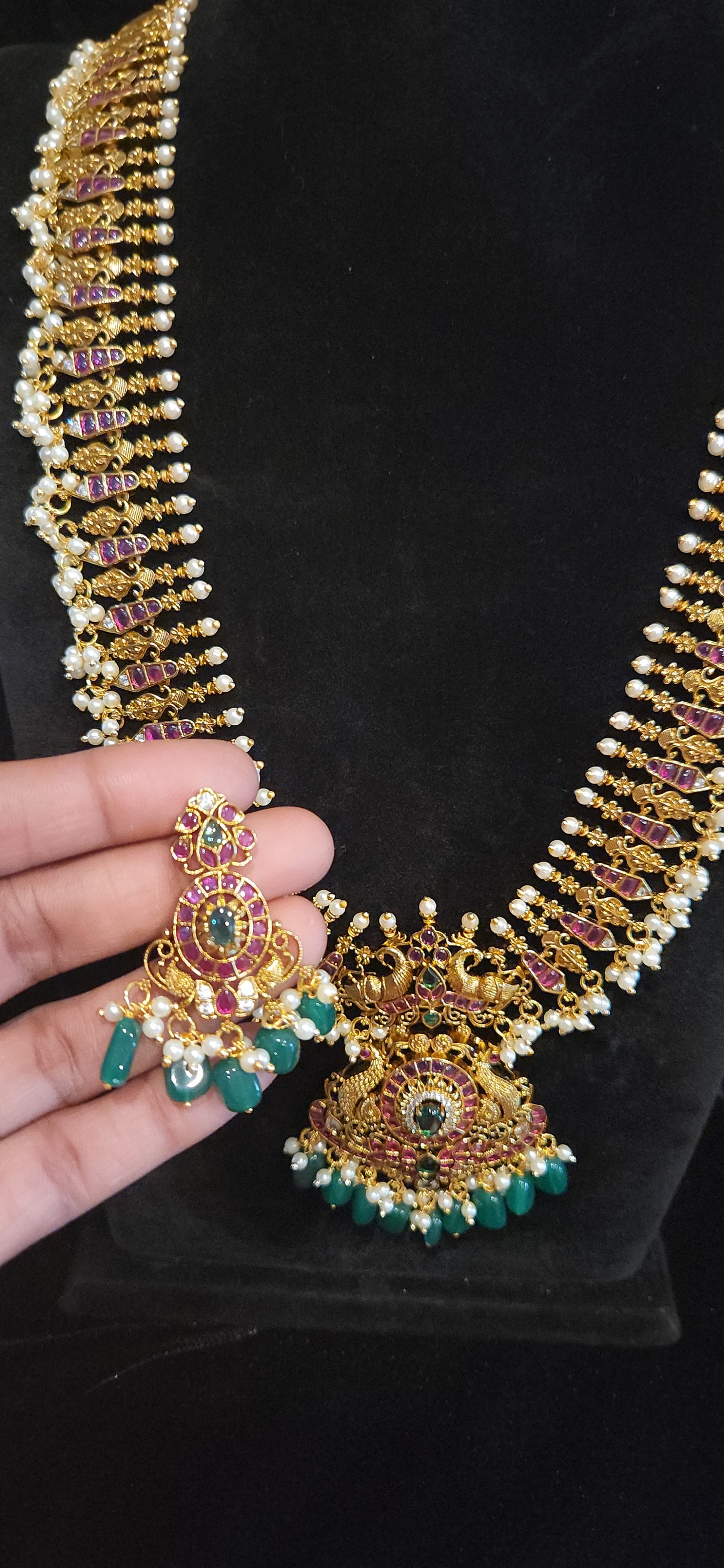 Premium Antique Matt Finish Temple Long Haram with Ruby Kemp Stones