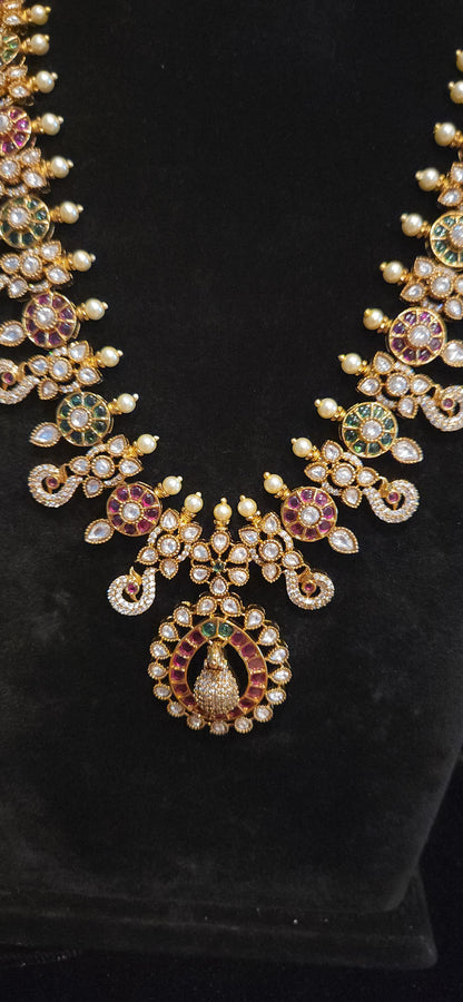 Premium Peacock Design Matt Finish Long Haram with CZ and Pota stones