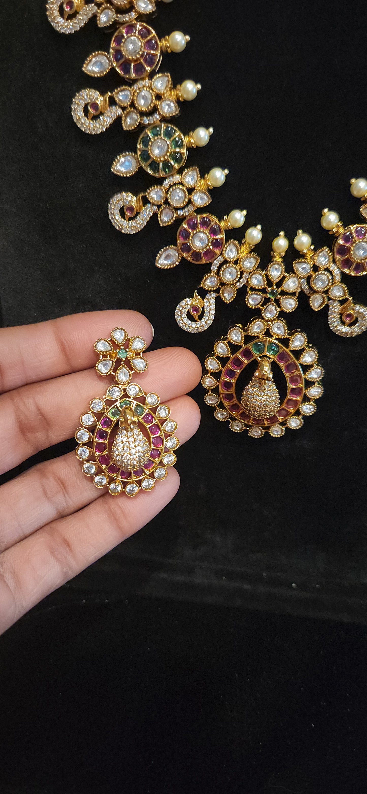 Premium Peacock Design Matt Finish Long Haram with CZ and Pota stones