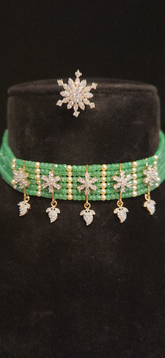 Green CZ Beaded Choker with cz Motifs