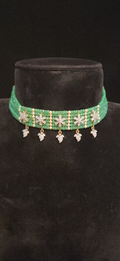 Green CZ Beaded Choker with cz Motifs