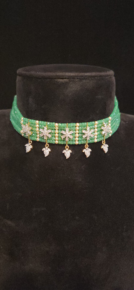 Green CZ Beaded Choker with cz Motifs