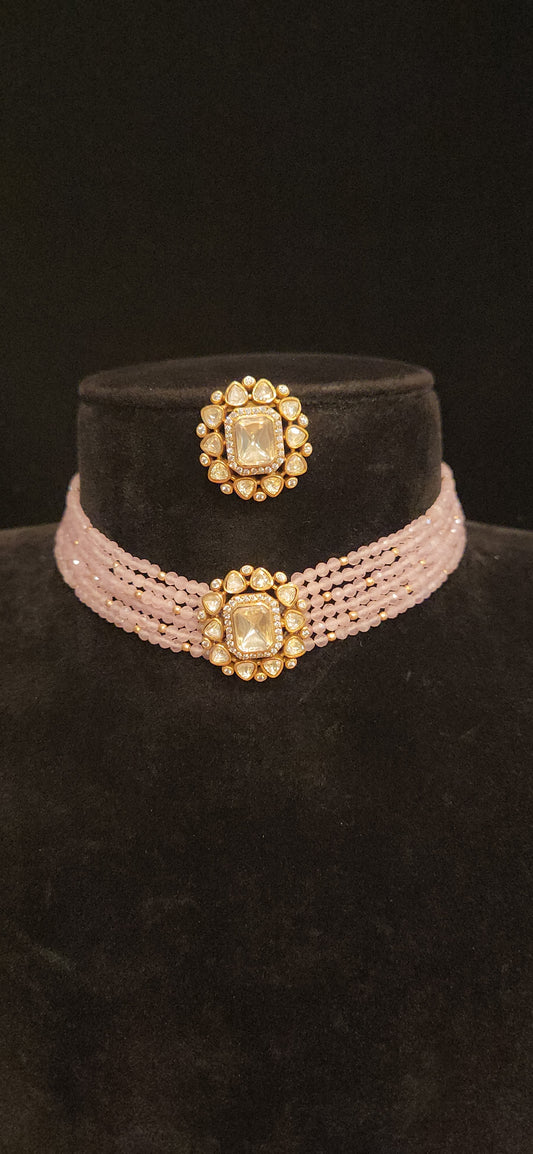 Baby Pink CZ  Beaded Choker with Polki Kundan Brooch
