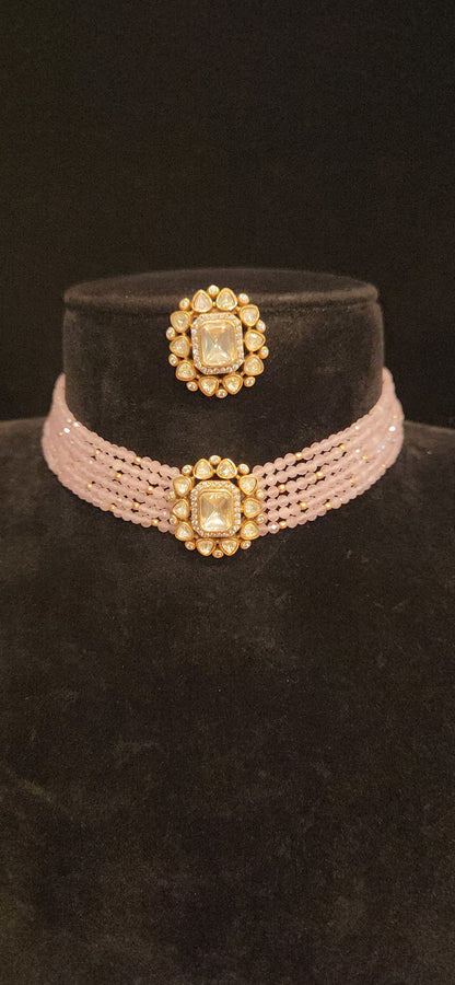 Baby Pink CZ  Beaded Choker with Polki Kundan Brooch