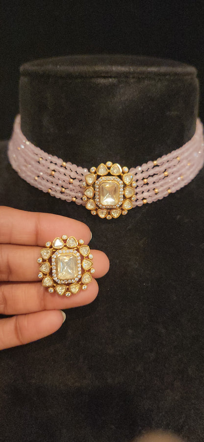 Baby Pink CZ  Beaded Choker with Polki Kundan Brooch