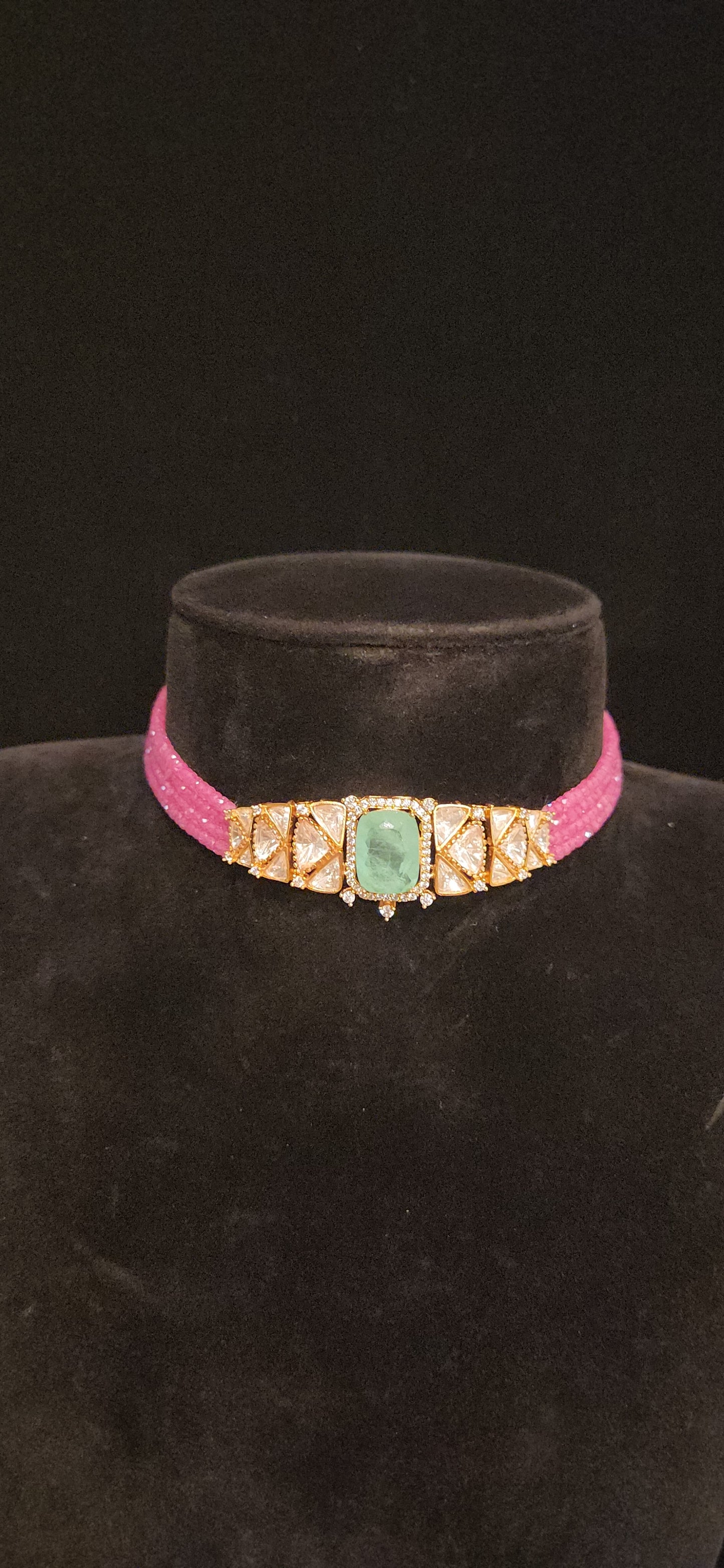Ruby Pink CZ Beaded Polki Kundan Choker