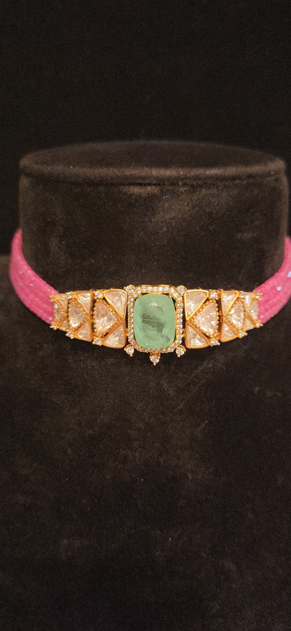 Ruby Pink CZ Beaded Polki Kundan Choker