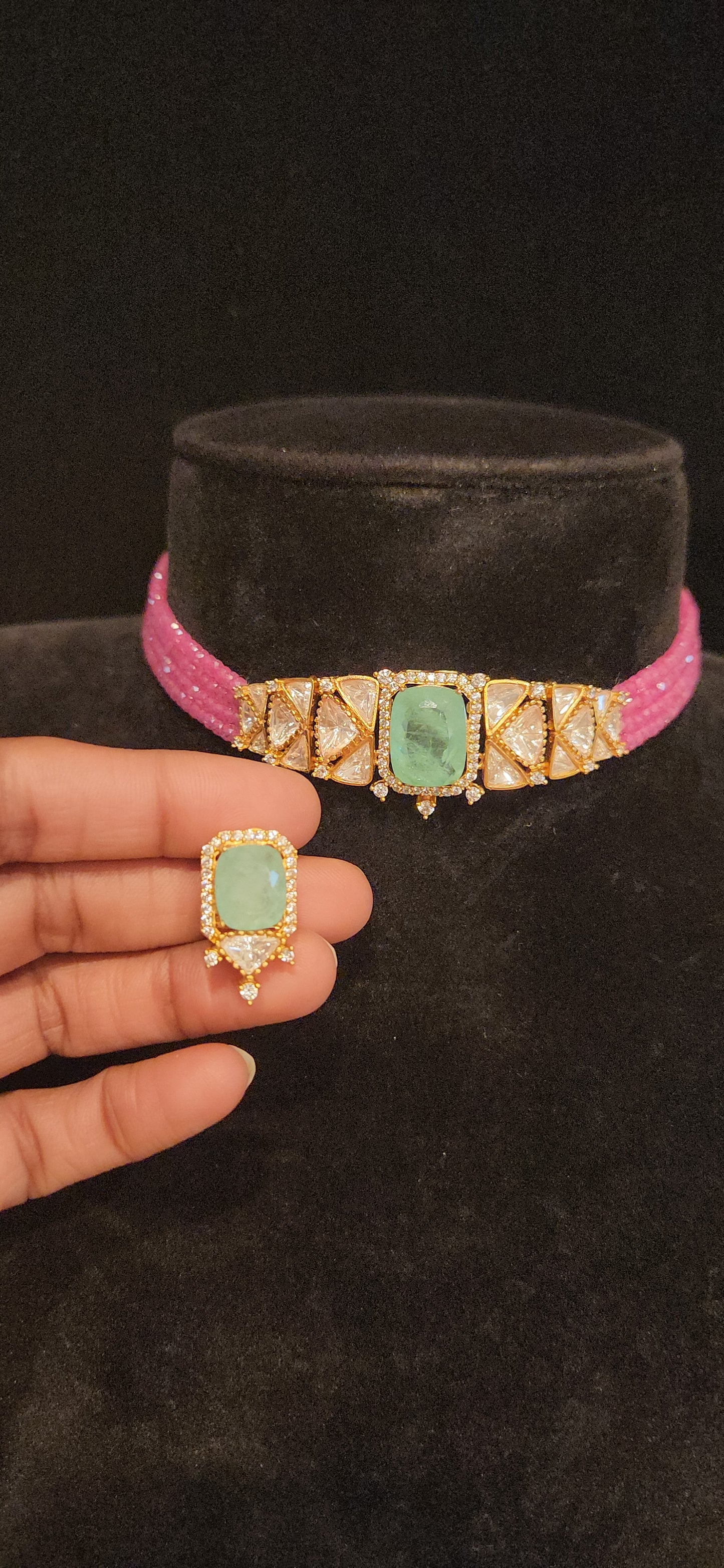 Ruby Pink CZ Beaded Polki Kundan Choker