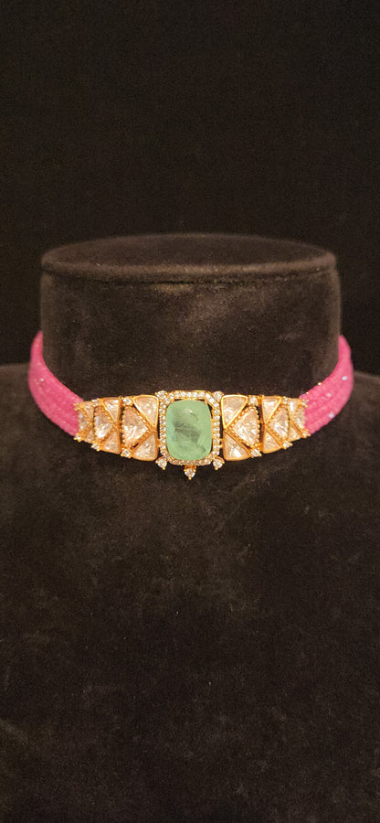 Ruby Pink CZ Beaded Polki Kundan Choker