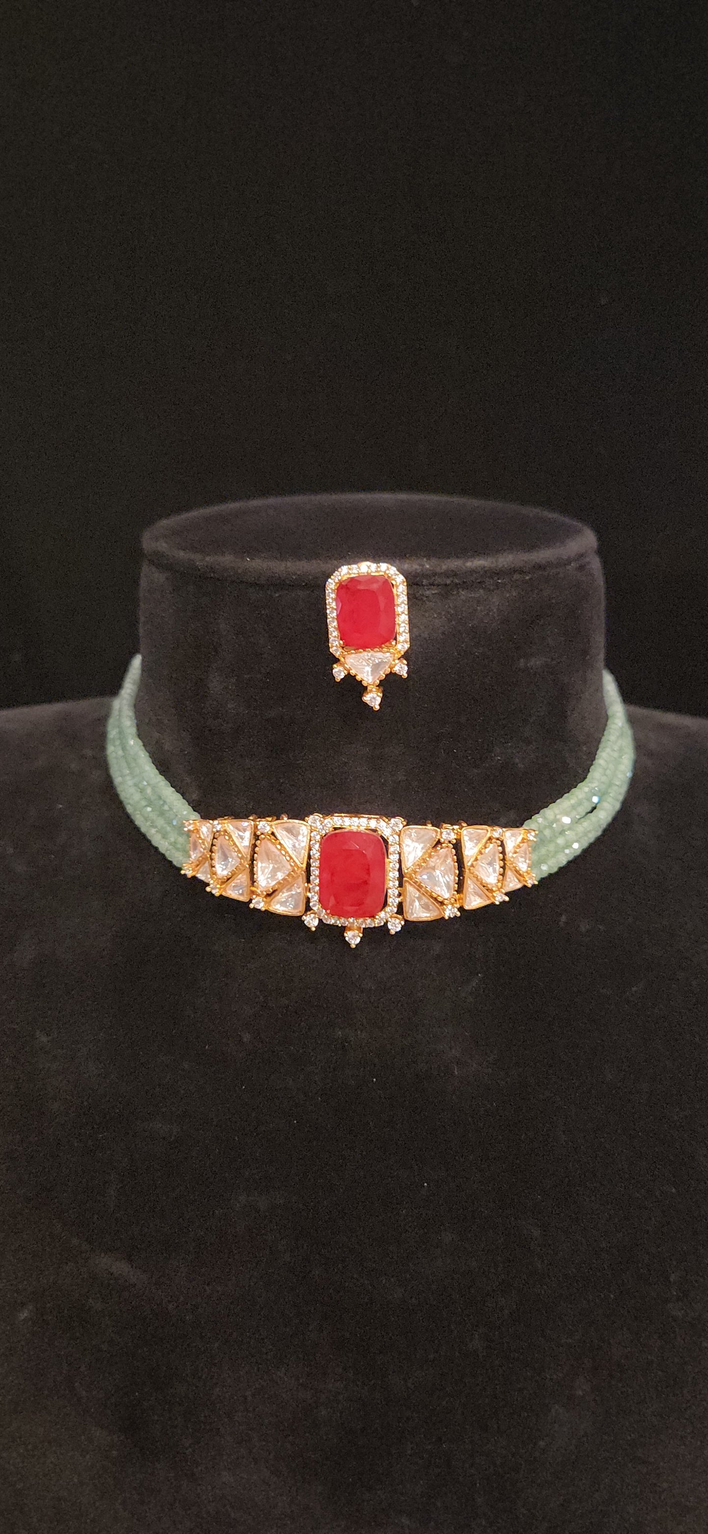 Mint Green CZ Beaded Polki Kundan Choker