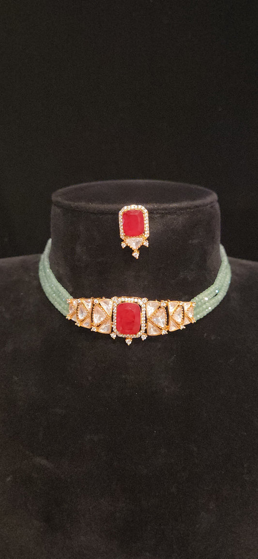 Mint Green CZ Beaded Polki Kundan Choker