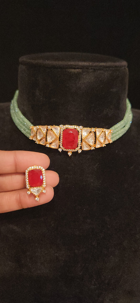 Mint Green CZ Beaded Polki Kundan Choker