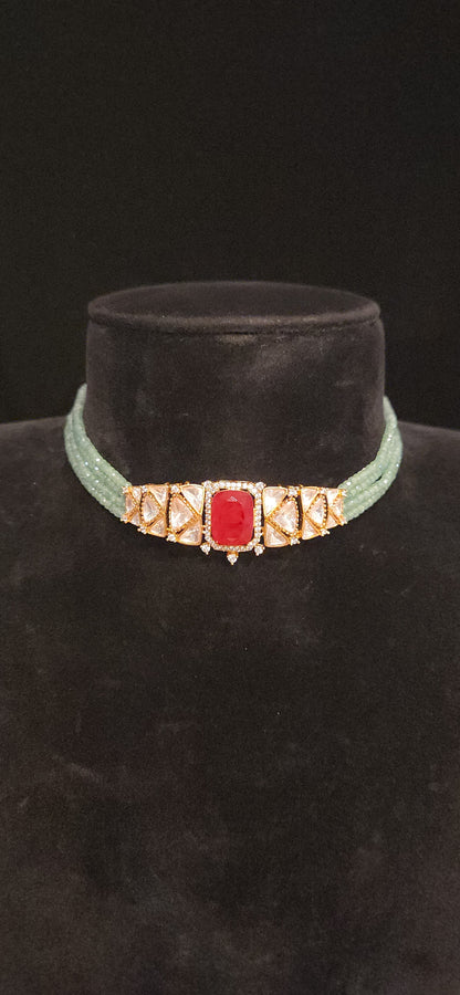 Mint Green CZ Beaded Polki Kundan Choker