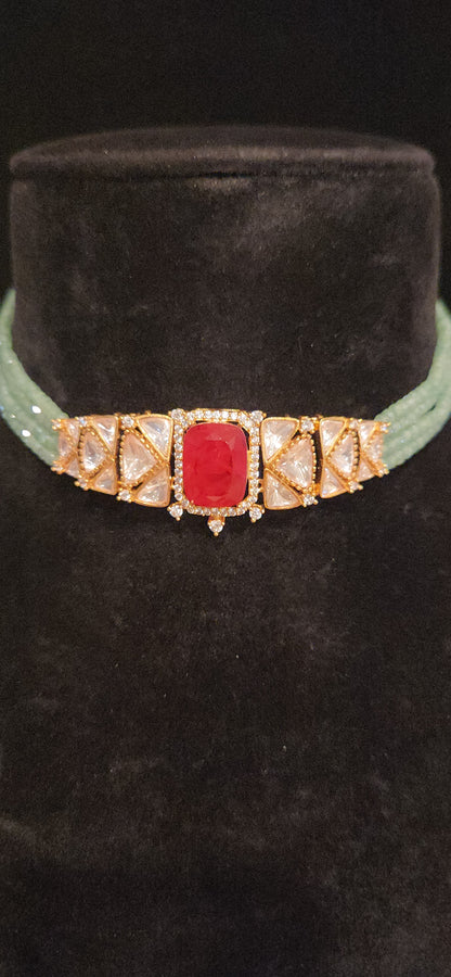 Mint Green CZ Beaded Polki Kundan Choker