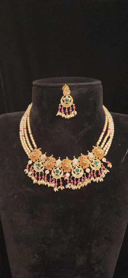 Temple Pearl Necklace Set with CZ Stones