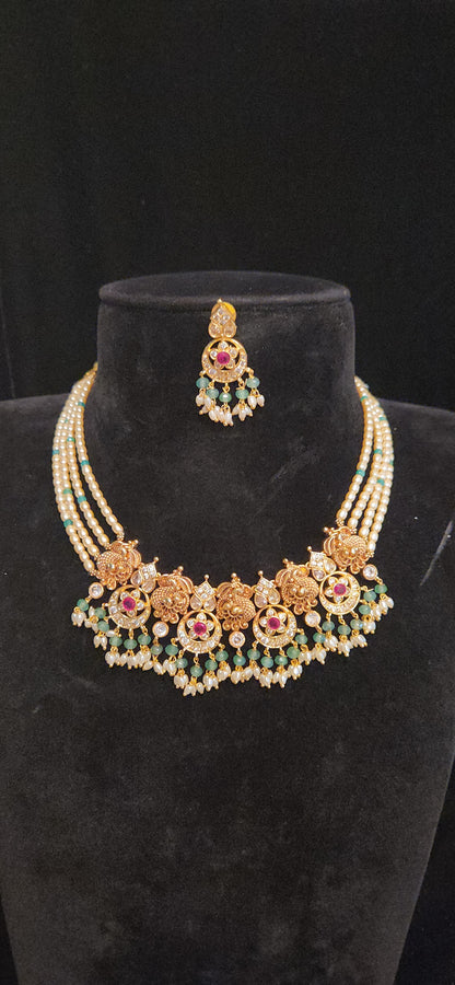 Temple Pearl Necklace Set with CZ Stones
