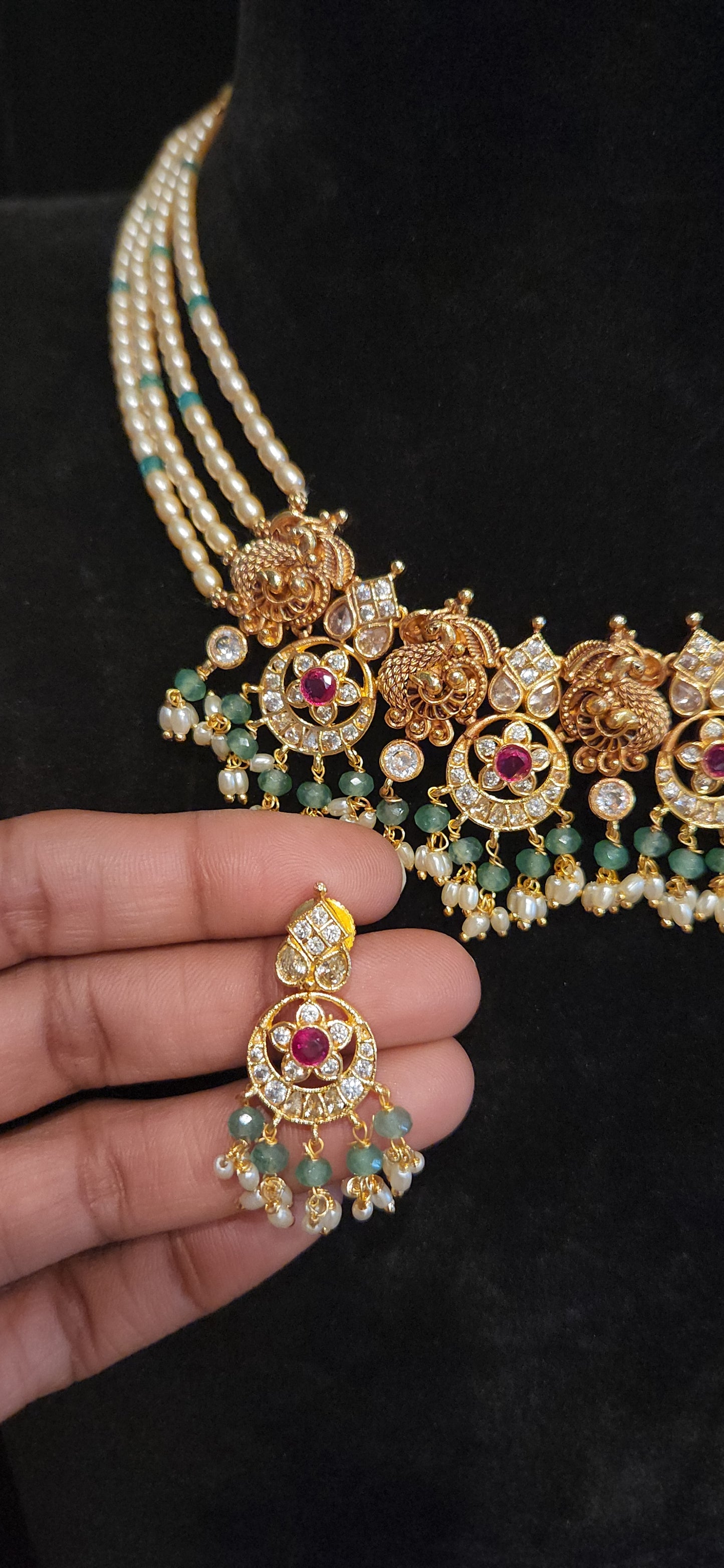 Temple Pearl Necklace Set with CZ Stones