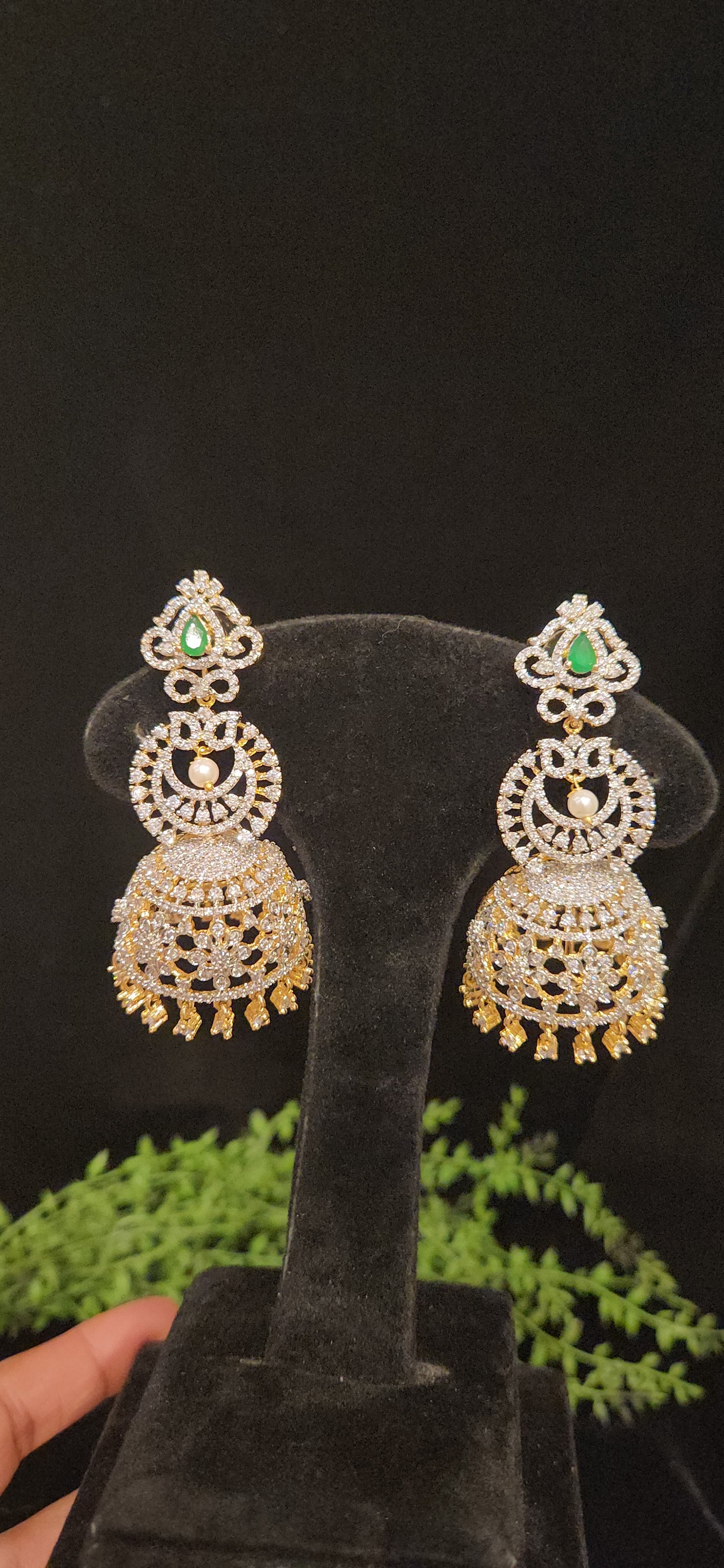 Designer Green Stone CZ Chandbali Jhumka