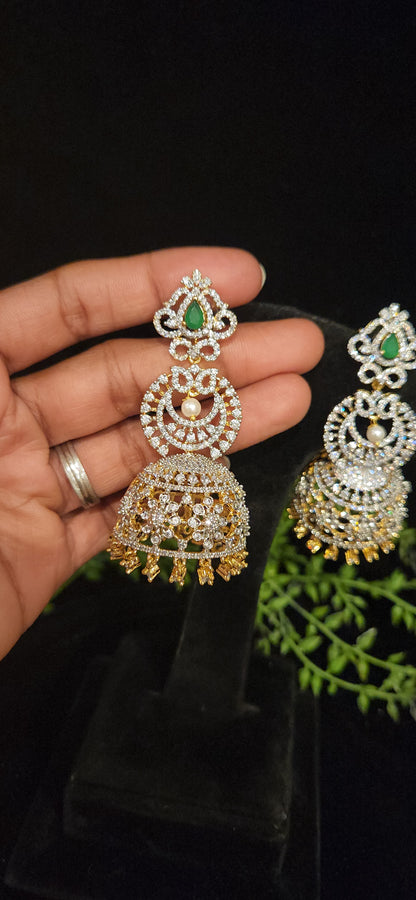 Designer Green Stone CZ Chandbali Jhumka