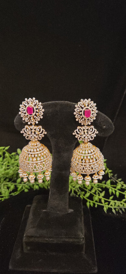 Luxury Ruby Pink Stone CZ Bridal Jhumka