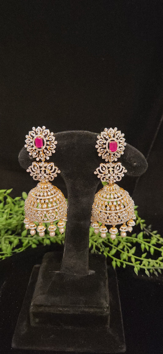 Luxury Ruby Pink Stone CZ Bridal Jhumka