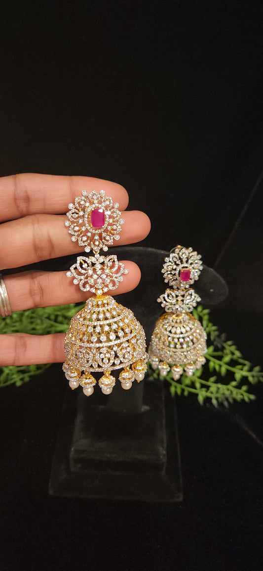 Luxury Ruby Pink Stone CZ Bridal Jhumka