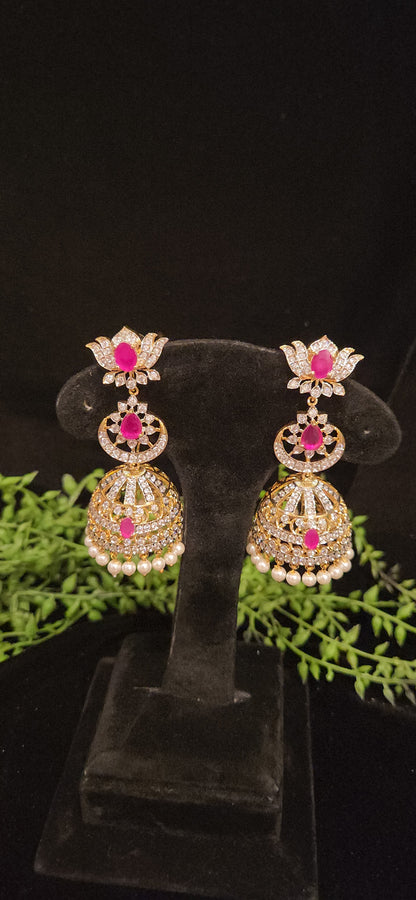 Premium Ruby Pink Stone Lotus CZ Jhumka Earrings