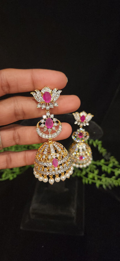 Premium Ruby Pink Stone Lotus CZ Jhumka Earrings