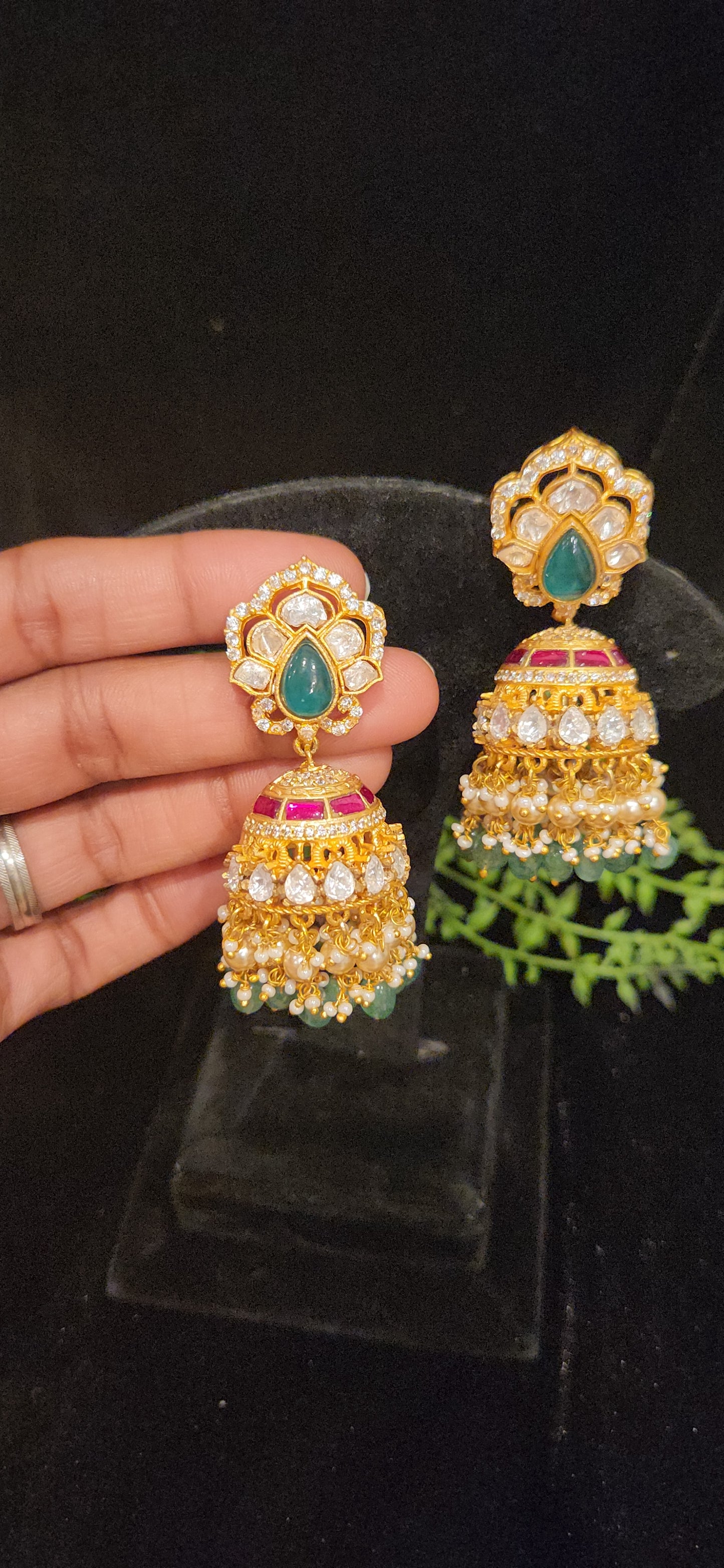 Premium Kundan Green Stone Jhumka